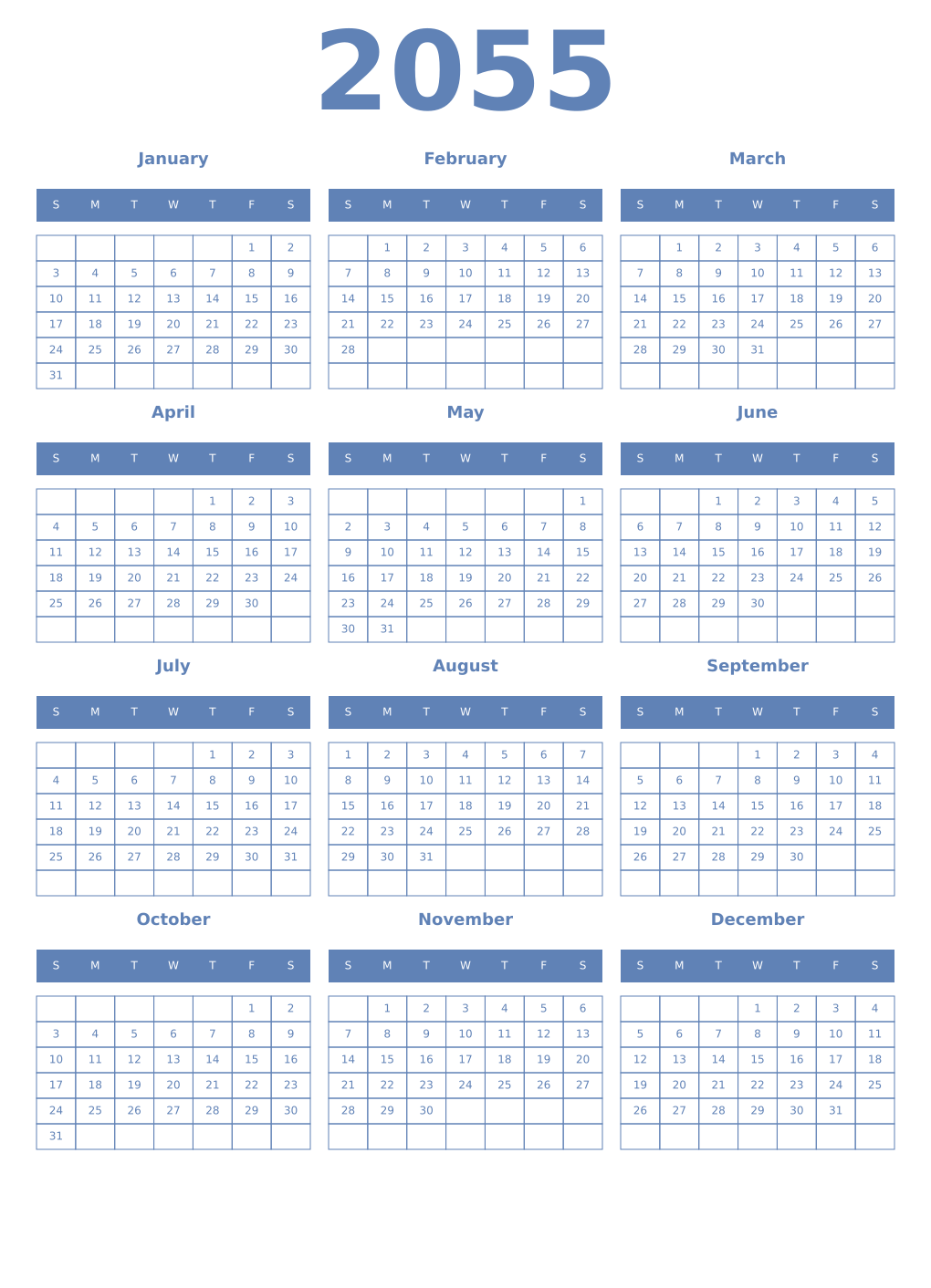 Printable 2055 Year Calendars glaucous