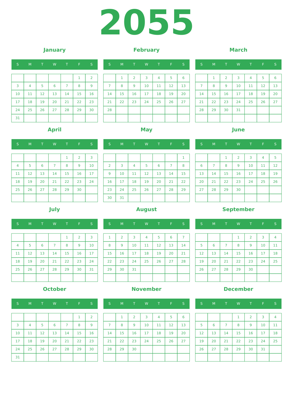 Printable 2055 Year Calendars green
