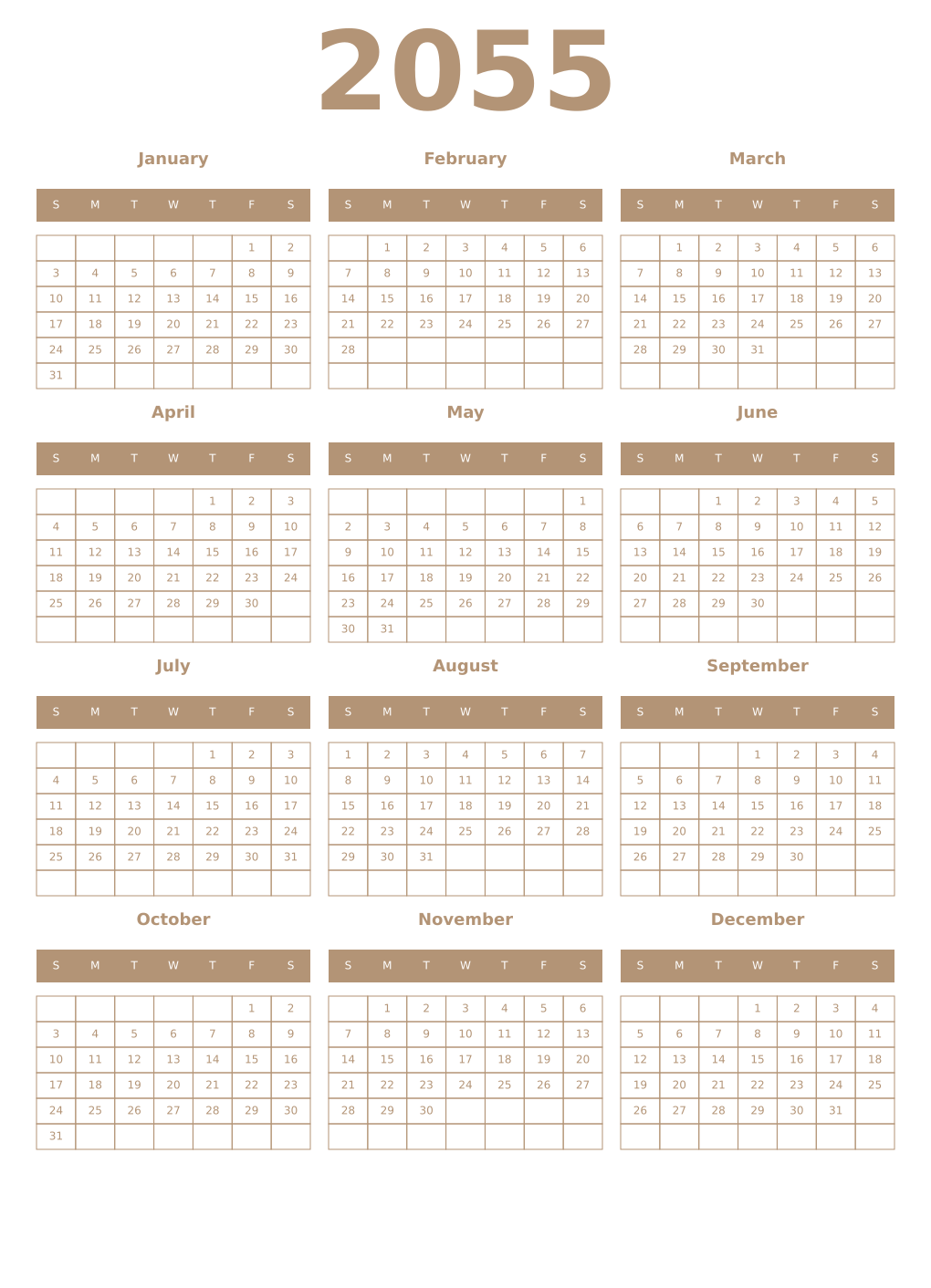 Printable 2055 Year Calendars isabelline