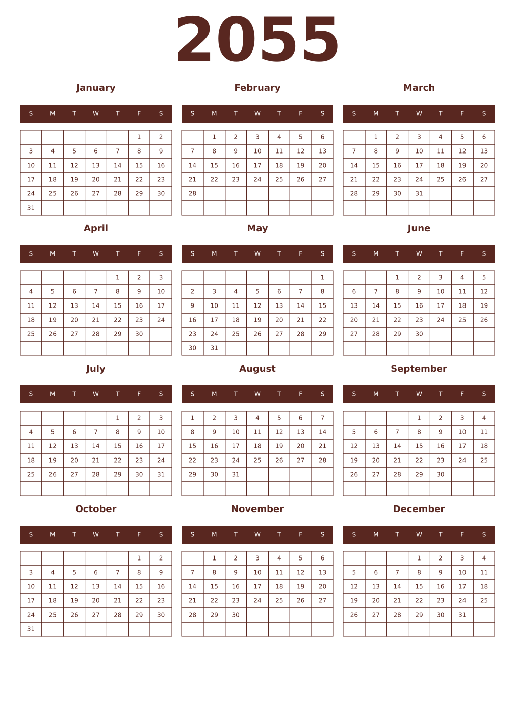Printable 2055 Year Calendars mortuum