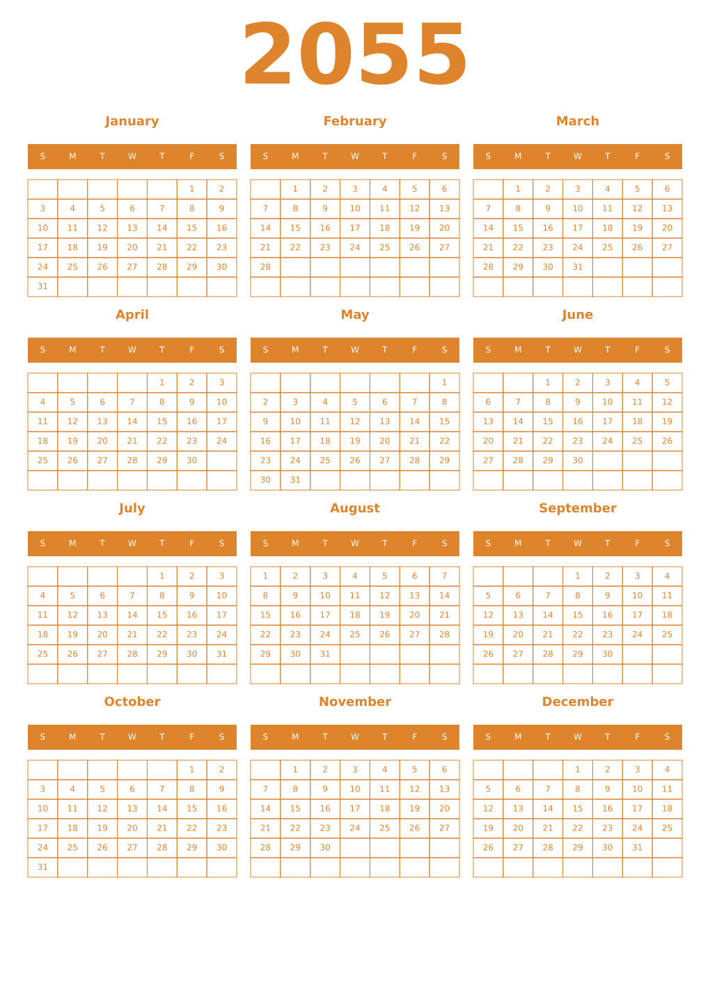 Printable 2055 Year Calendars orange