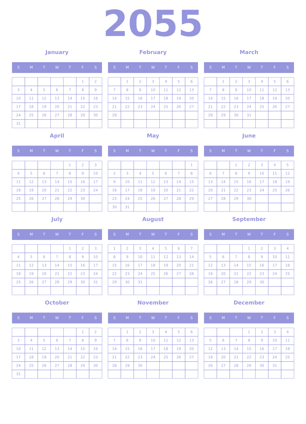 Printable 2055 Year Calendars periwinkle