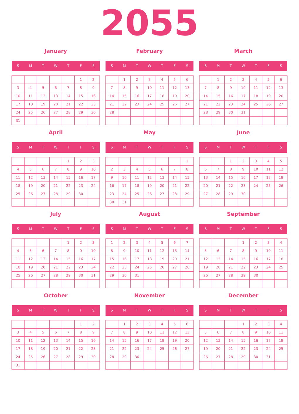 Printable 2055 Year Calendars pink