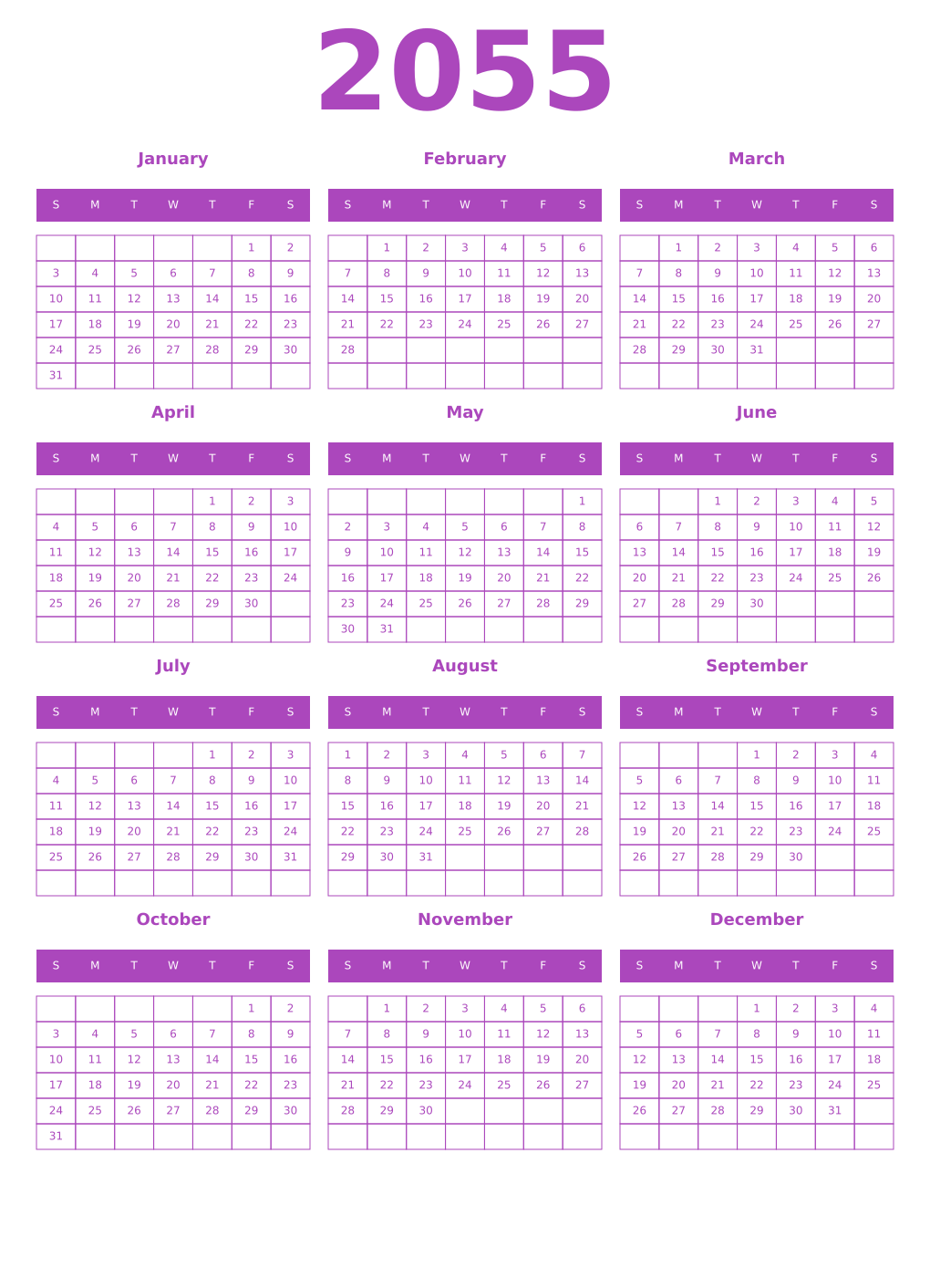 Printable 2055 Year Calendars purple