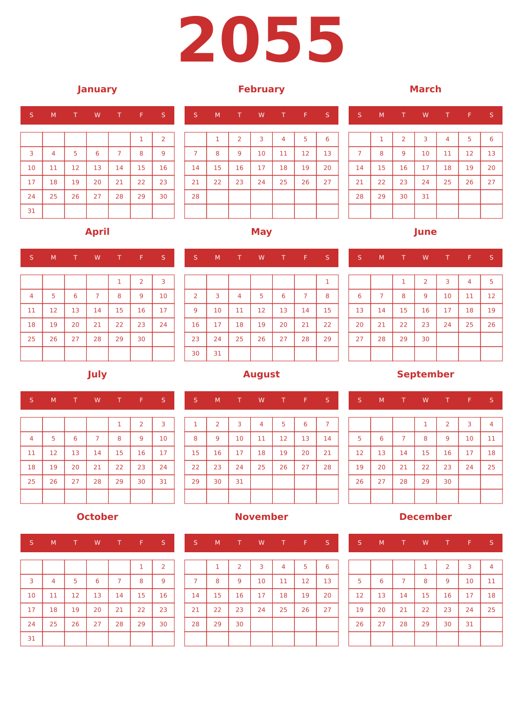 Printable 2055 Year Calendars red