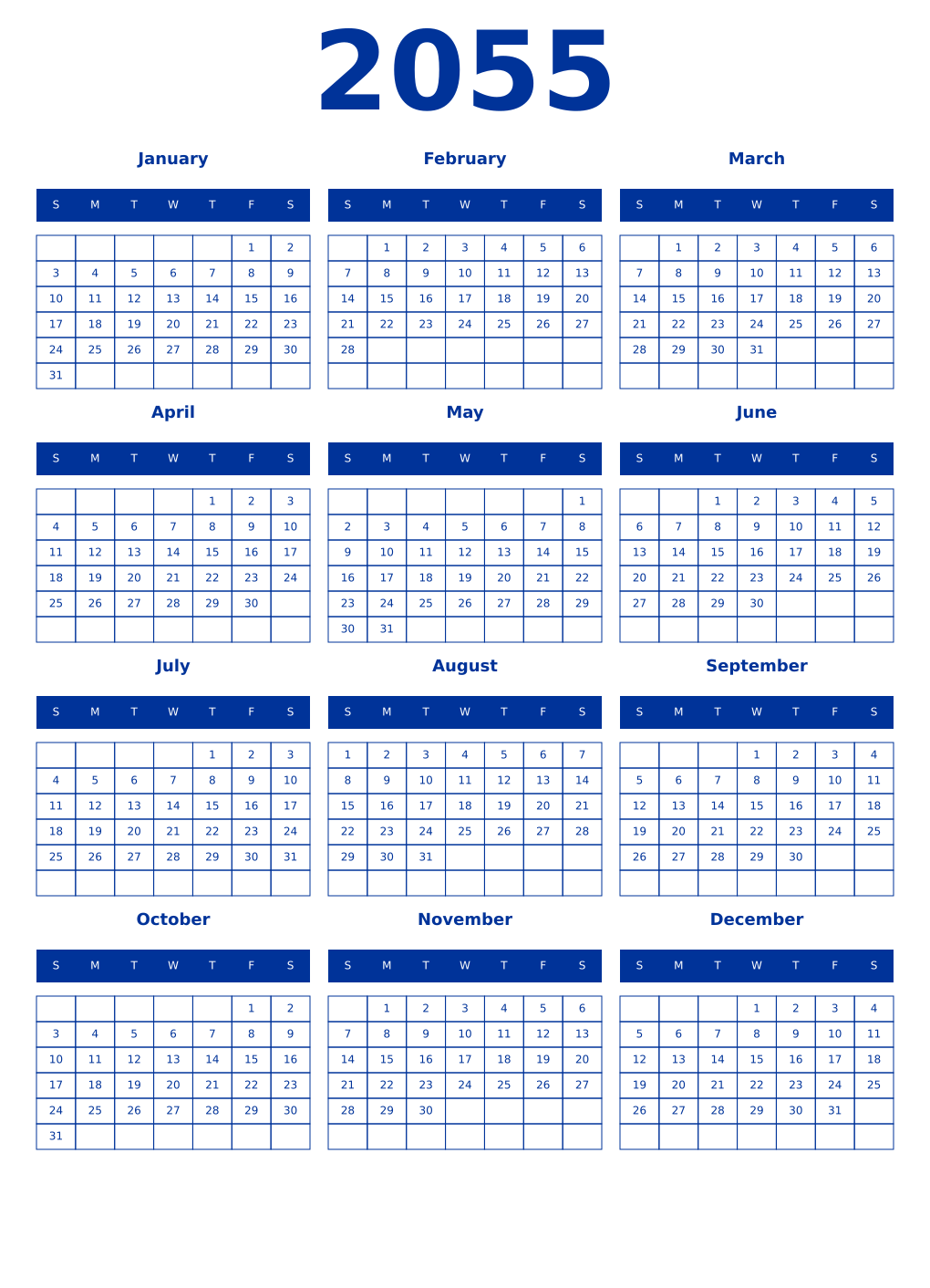Printable 2055 Year Calendars smalt