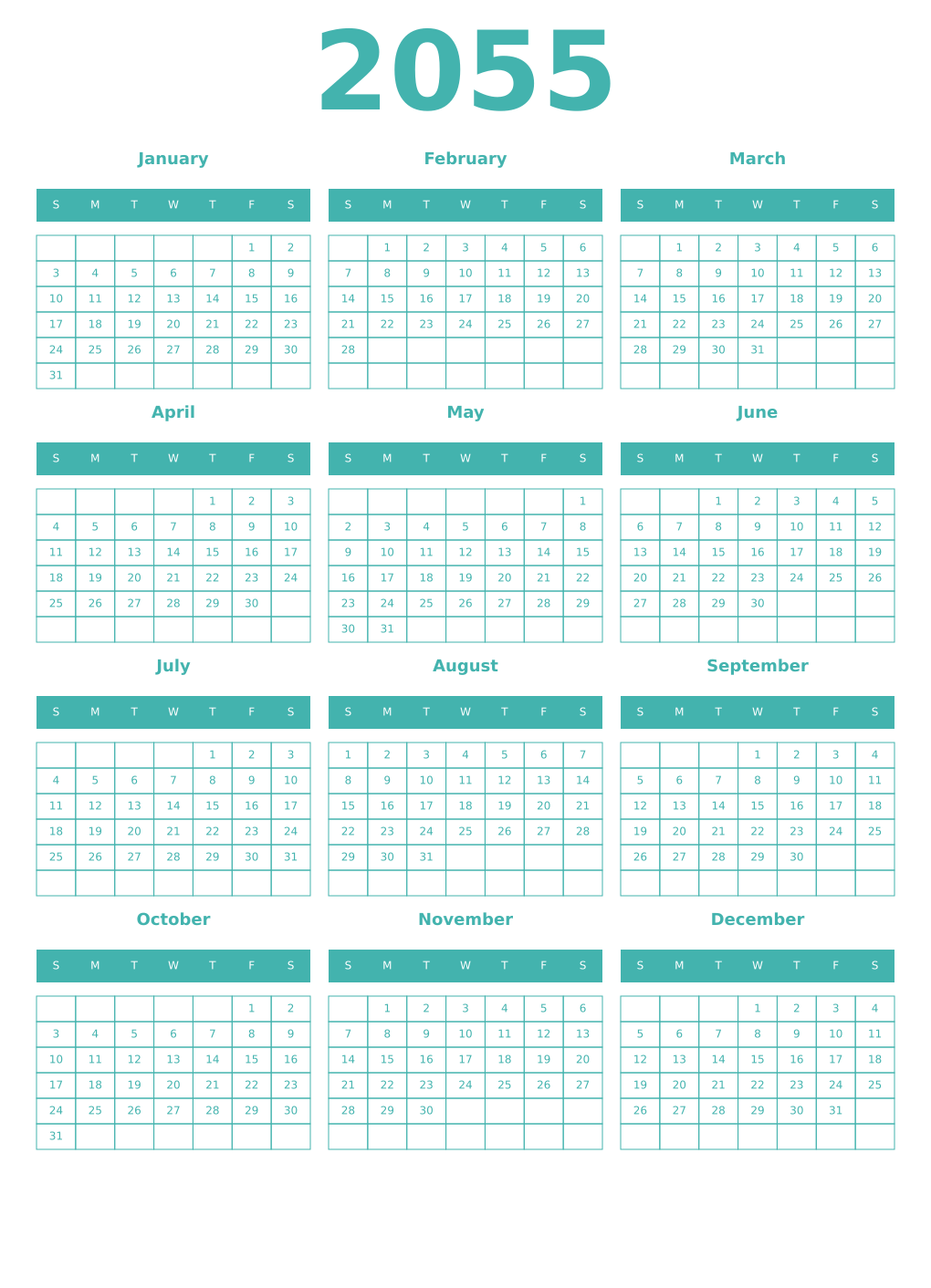 Printable 2055 Year Calendars verdigris