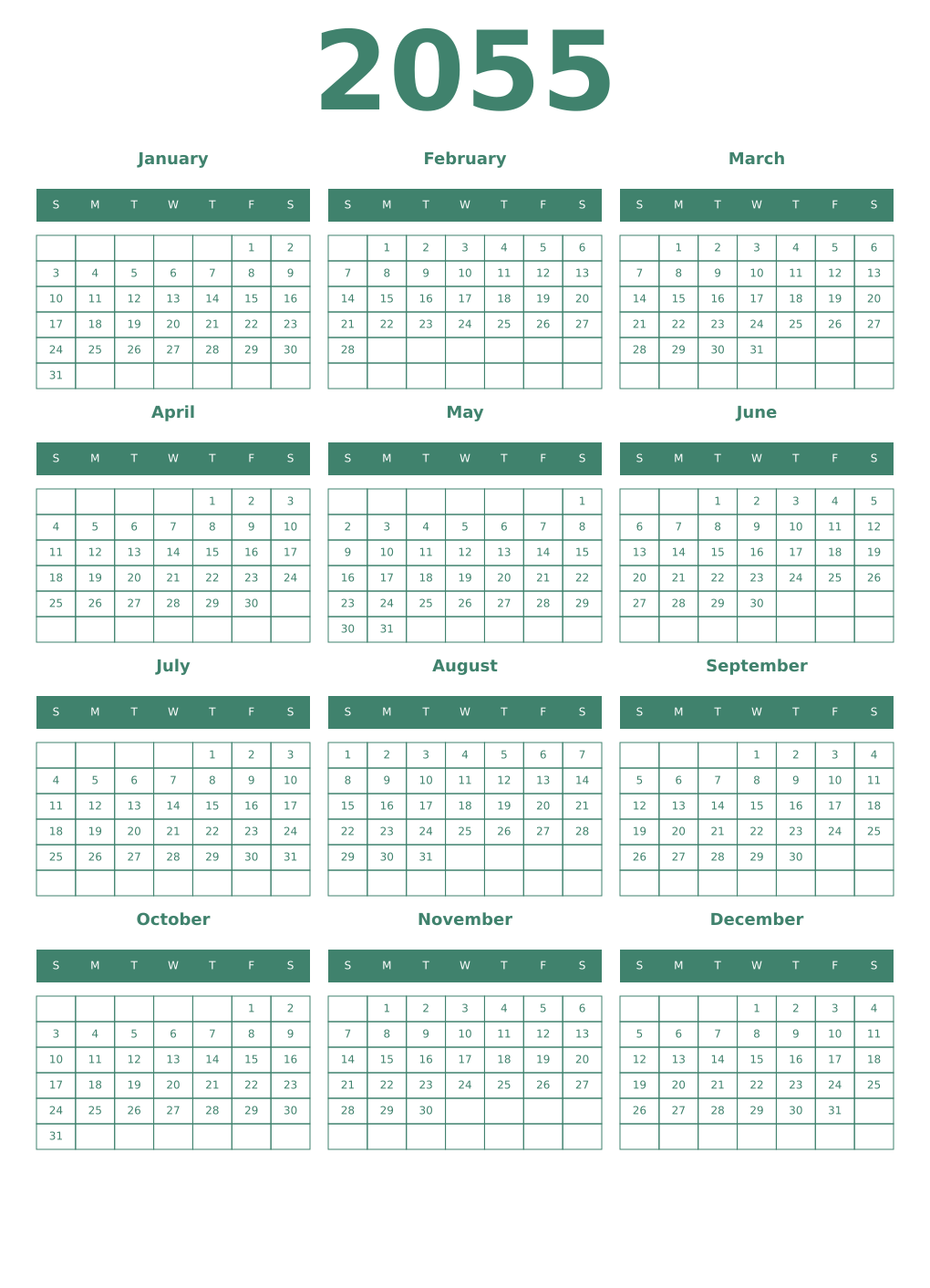 Printable 2055 Year Calendars viridian