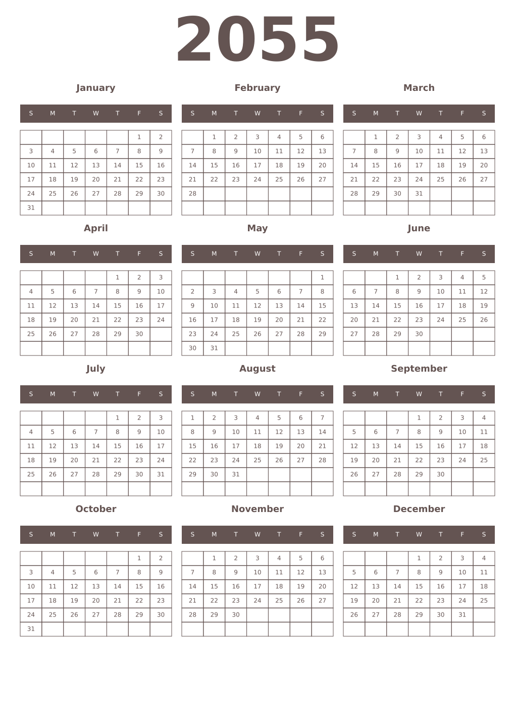 Printable 2055 Year Calendars wenge