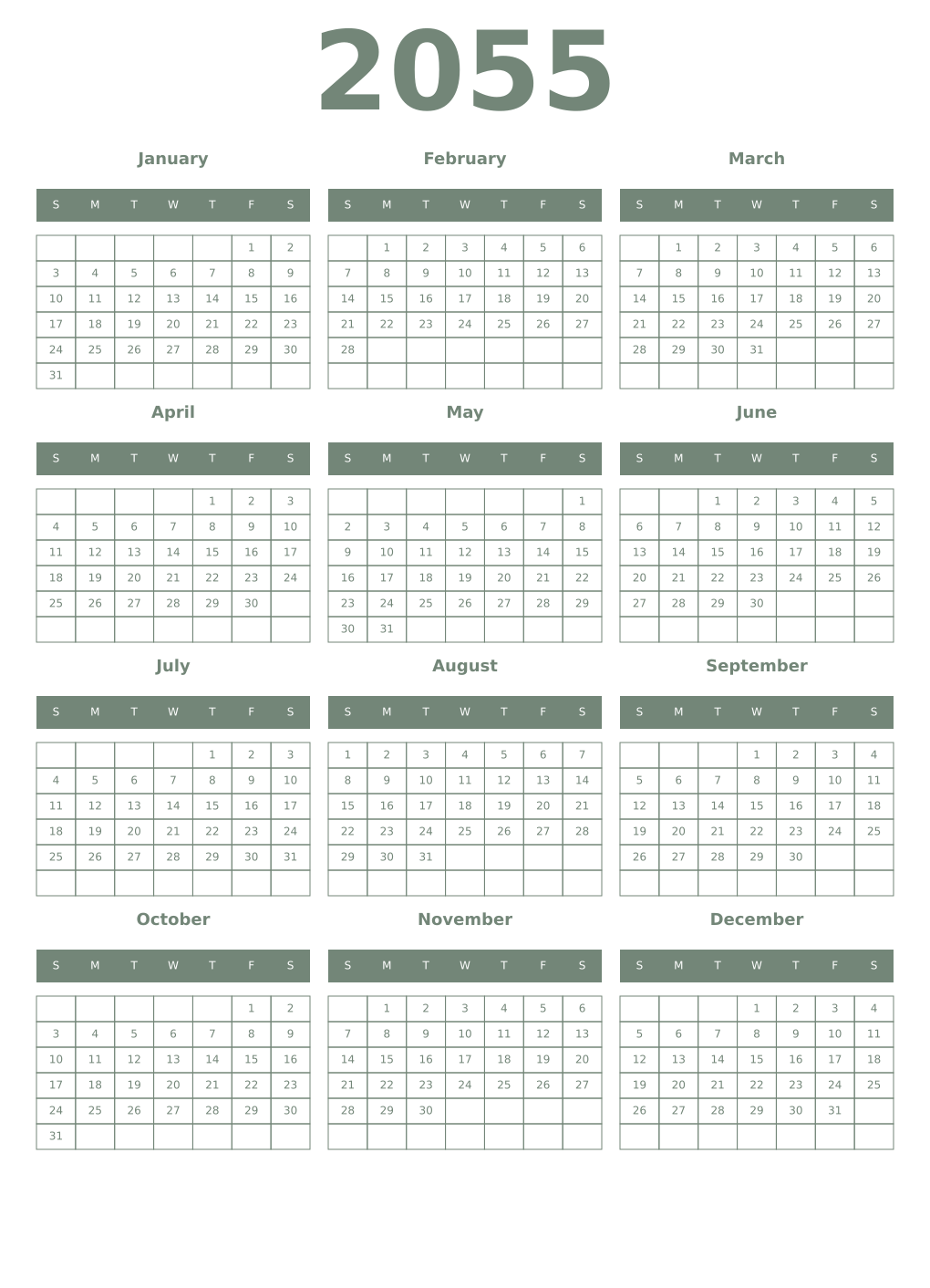 Printable 2055 Year Calendars xanadu