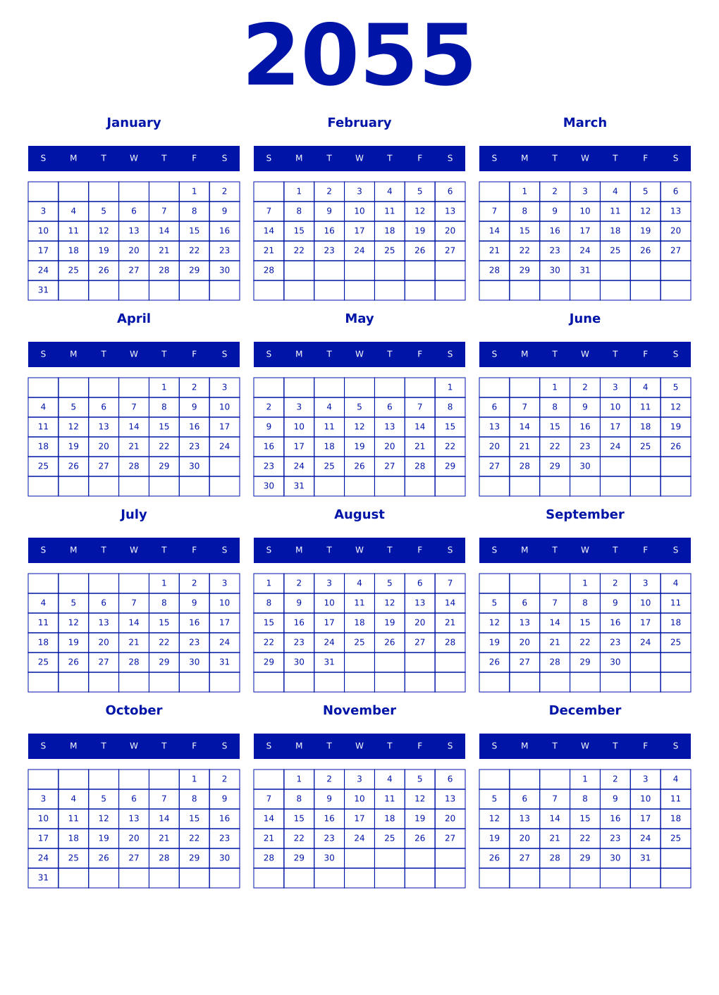 Printable 2055 Year Calendars zaffre