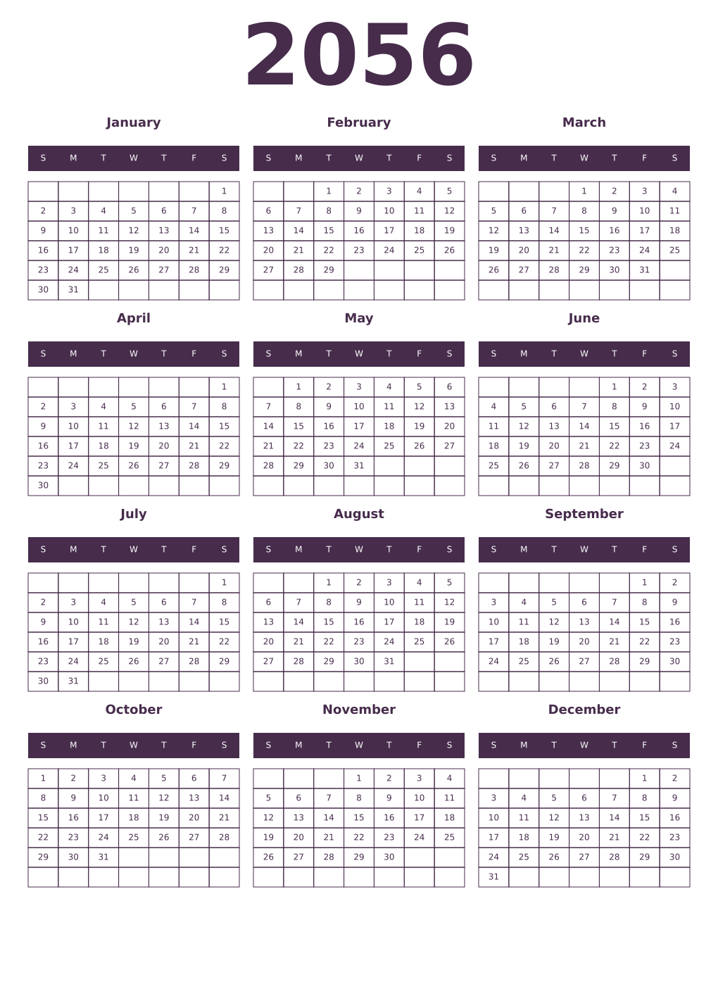 Printable 2056 Year Calendars aubergine
