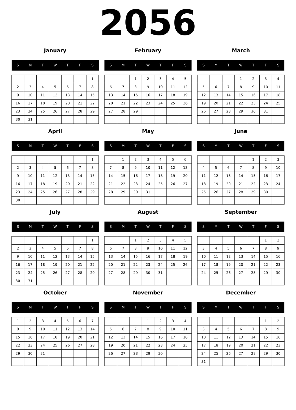 Printable 2056 Year Calendars black