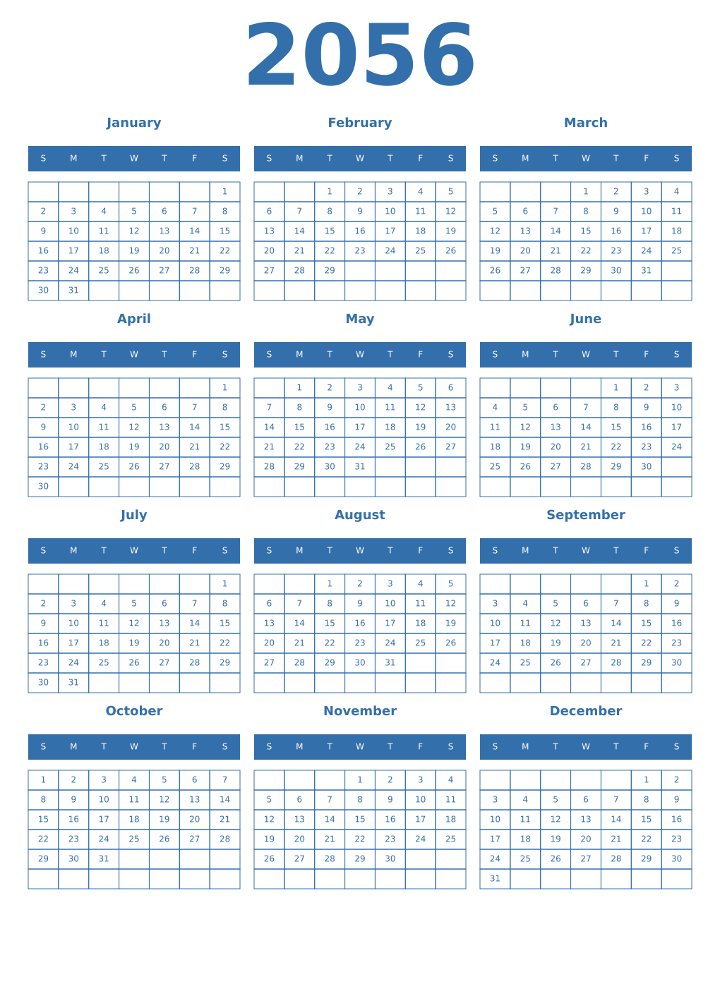 Printable 2056 Year Calendars blue