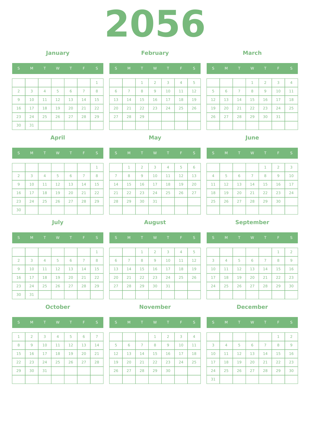 Printable 2056 Year Calendars celadon