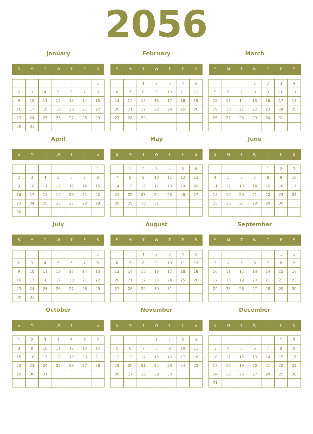 Printable 2056 Year Calendars eburnean