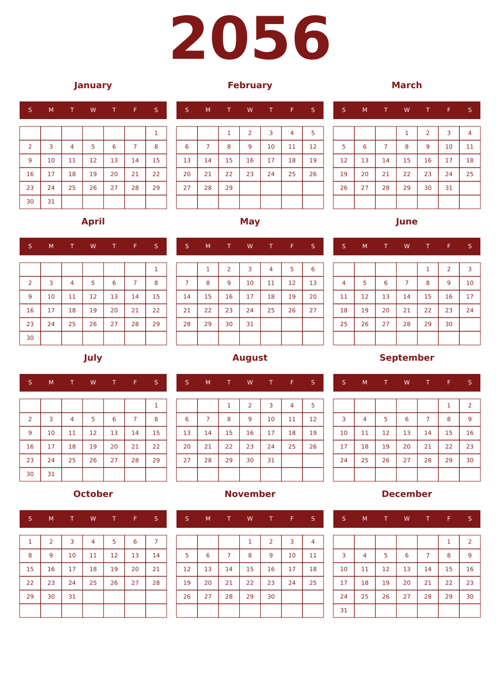 Printable 2056 Year Calendars falu