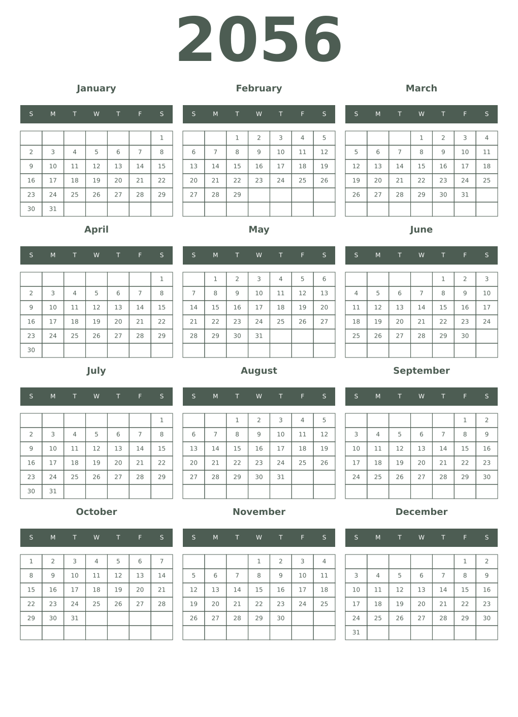 Printable 2056 Year Calendars feldgrau