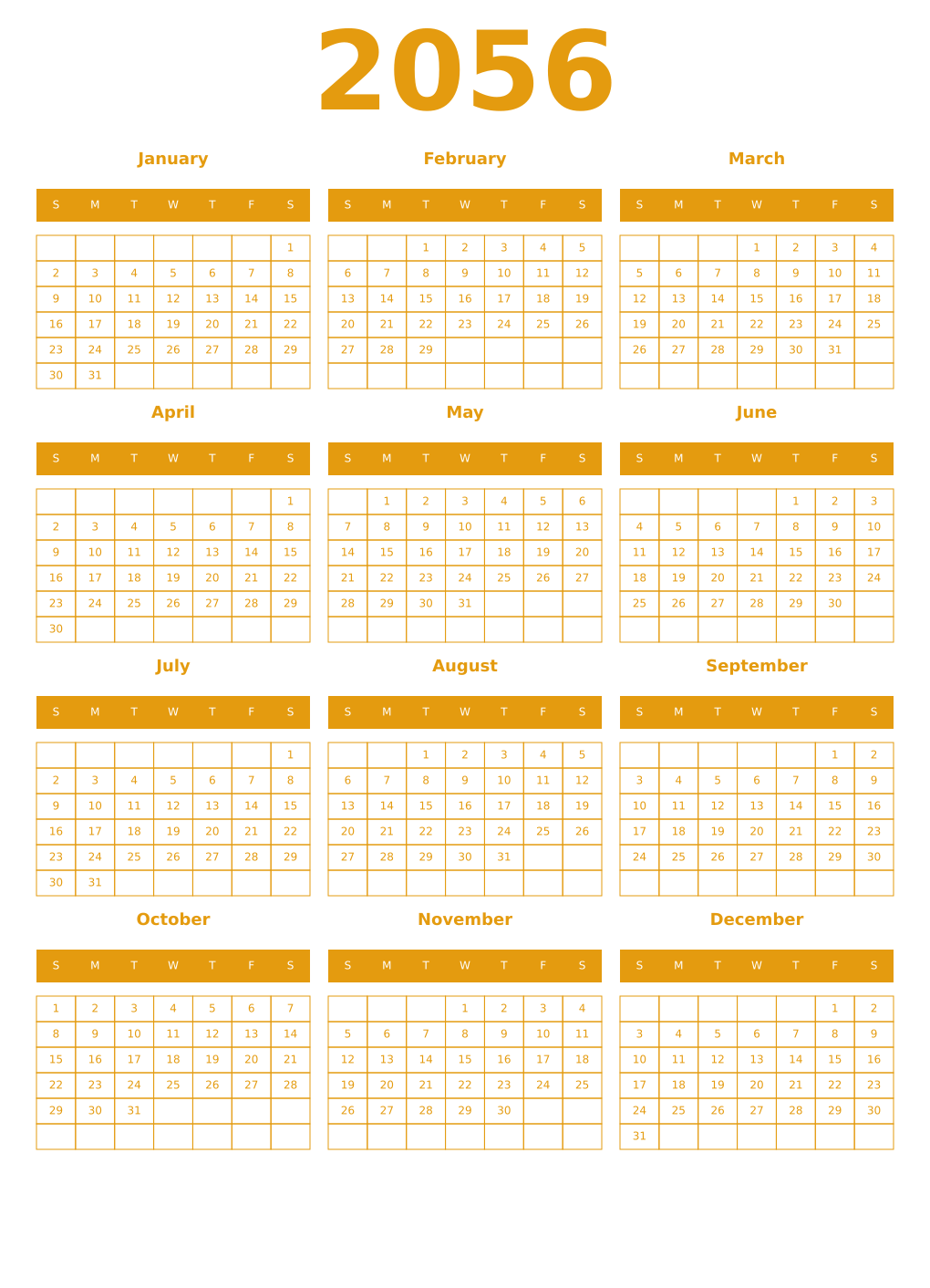 Printable 2056 Year Calendars gamboge