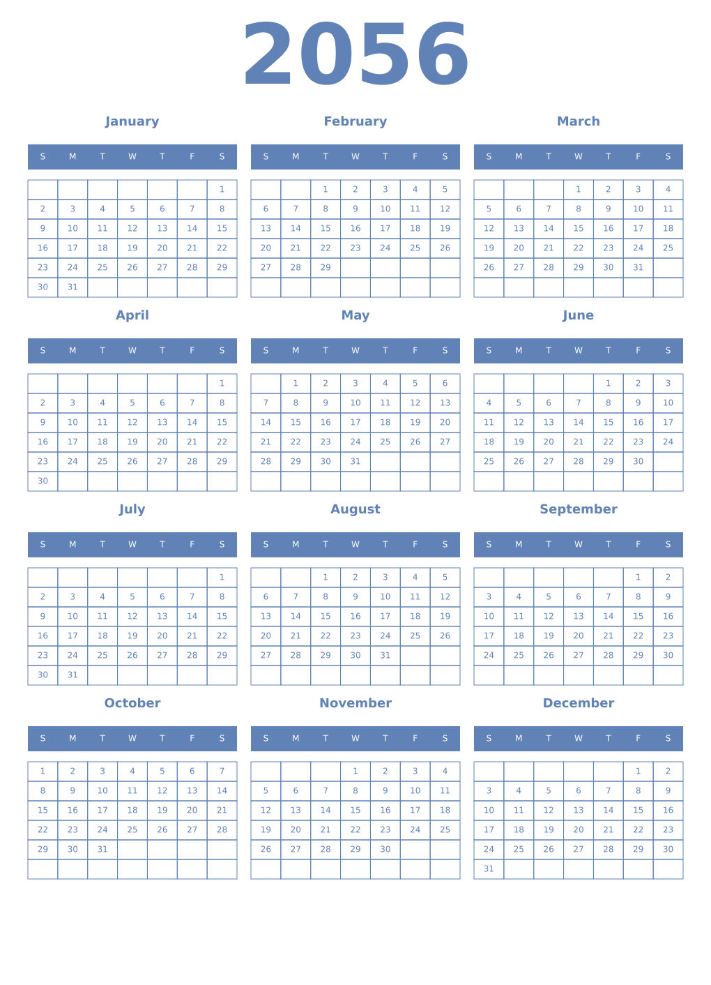 Printable 2056 Year Calendars glaucous