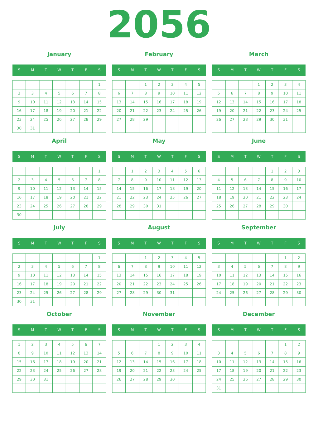 Printable 2056 Year Calendars green