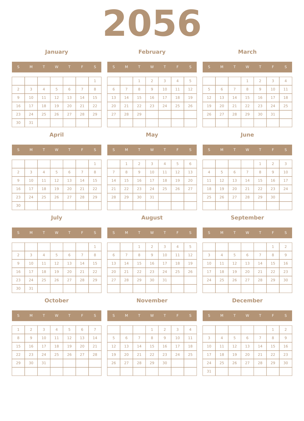 Printable 2056 Year Calendars isabelline