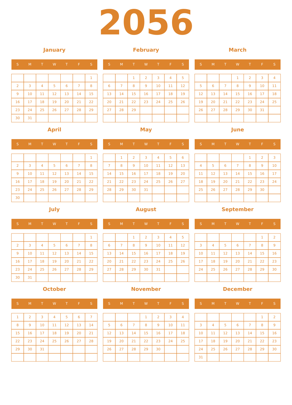 Printable 2056 Year Calendars orange
