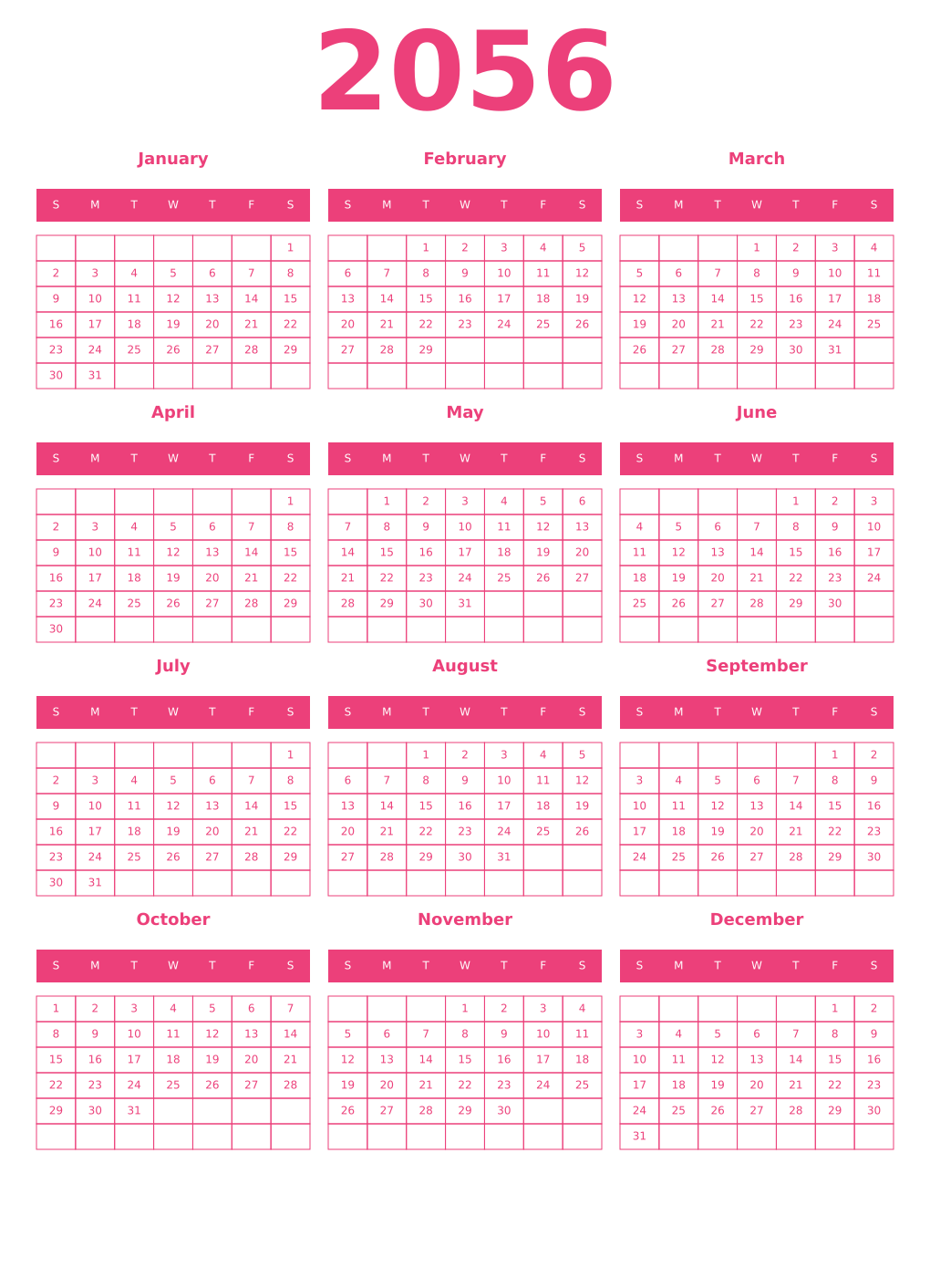 Printable 2056 Year Calendars pink
