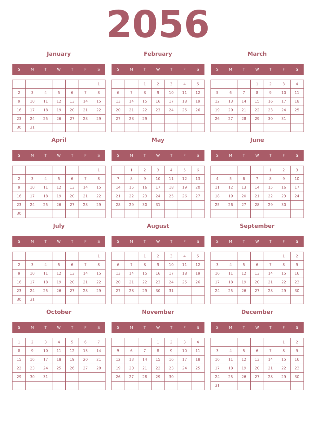 Printable 2056 Year Calendars puce