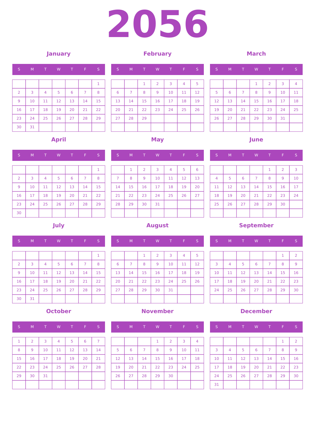 Printable 2056 Year Calendars purple