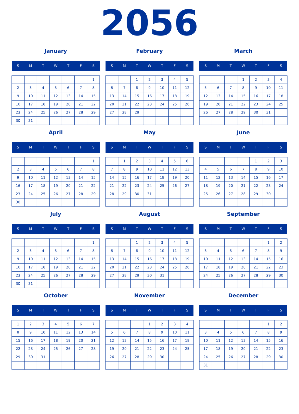Printable 2056 Year Calendars smalt