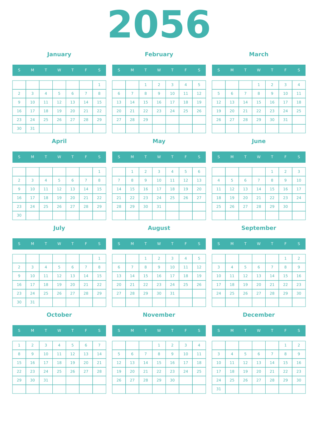 Printable 2056 Year Calendars verdigris