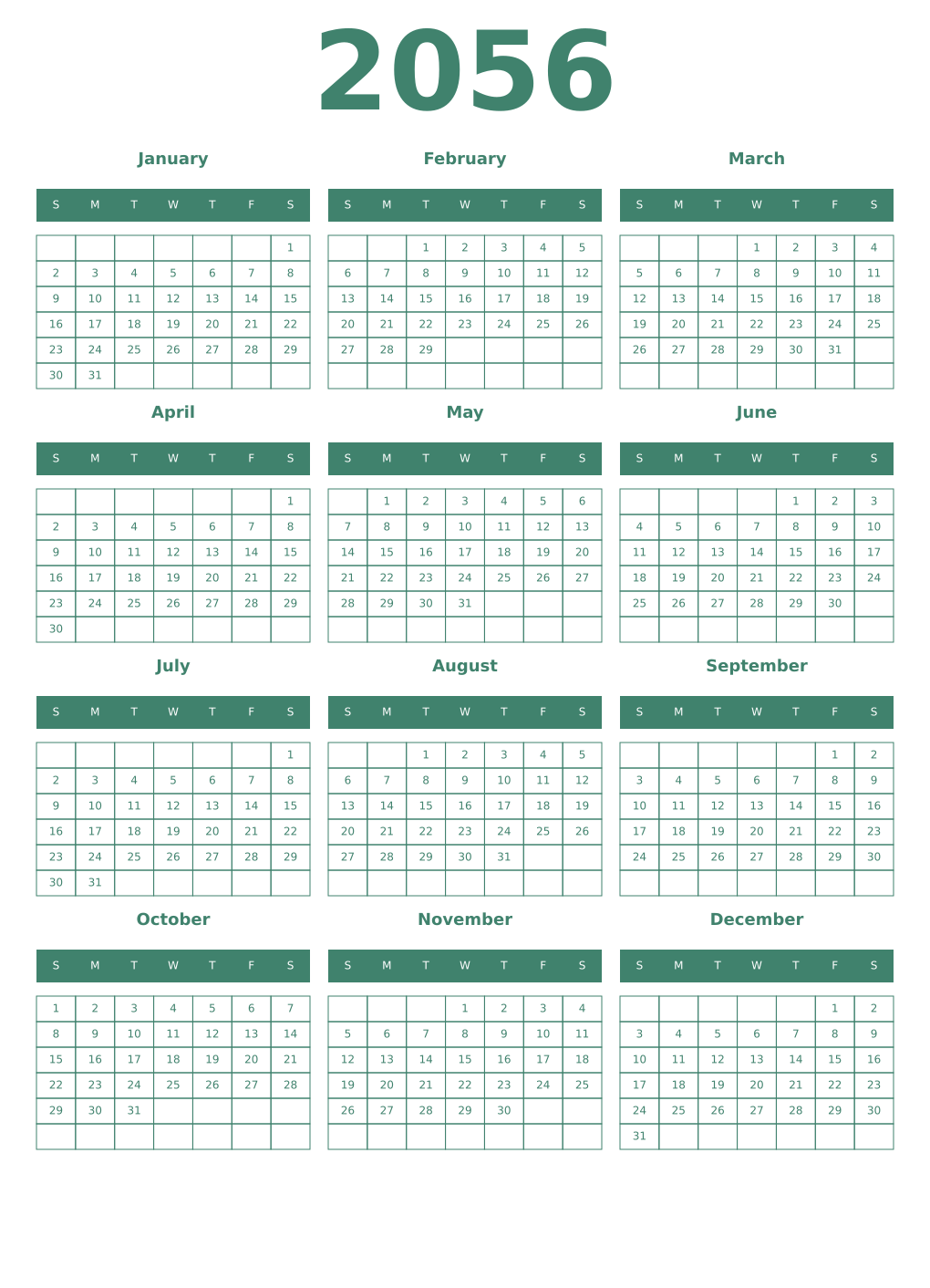 Printable 2056 Year Calendars viridian