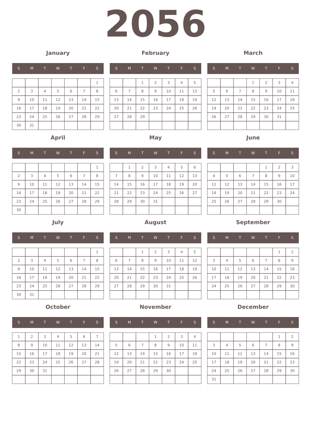 Printable 2056 Year Calendars wenge