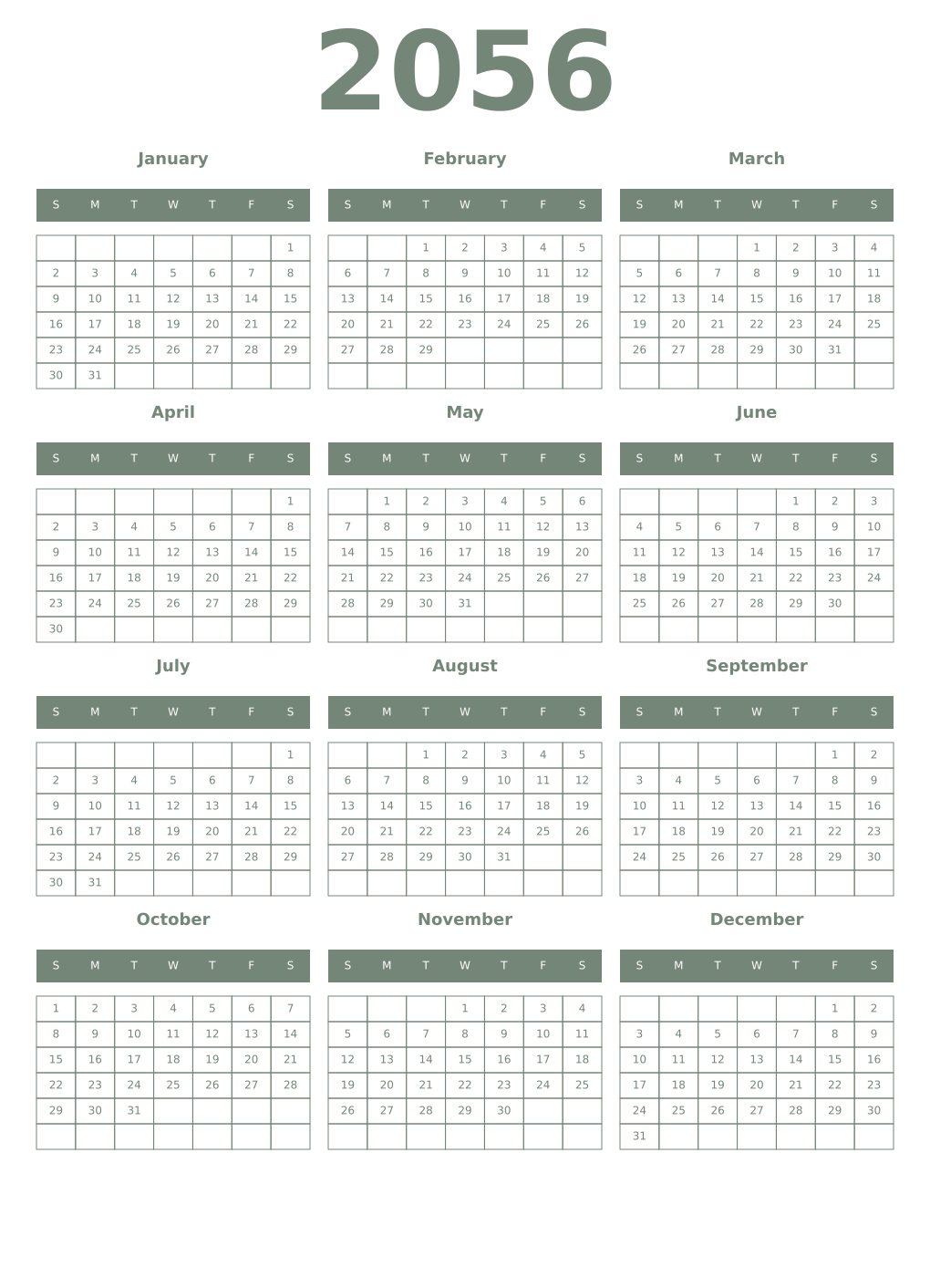Printable 2056 Year Calendars xanadu