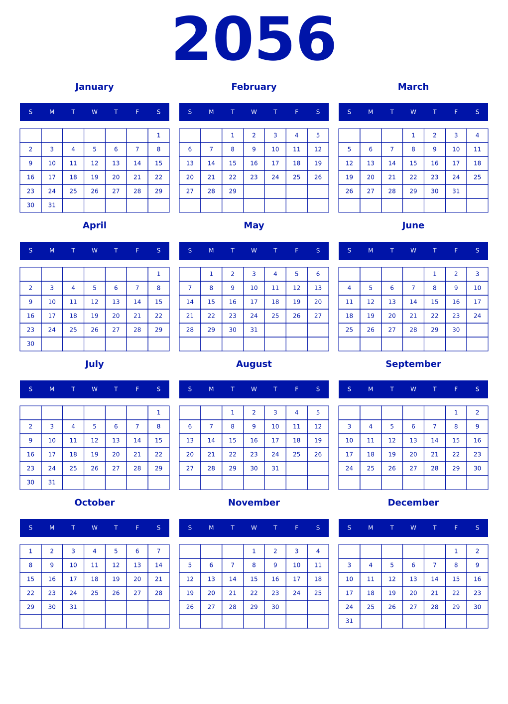 Printable 2056 Year Calendars zaffre