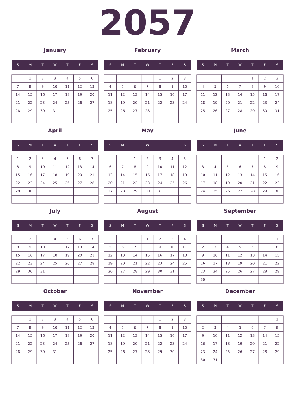 Printable 2057 Year Calendars aubergine