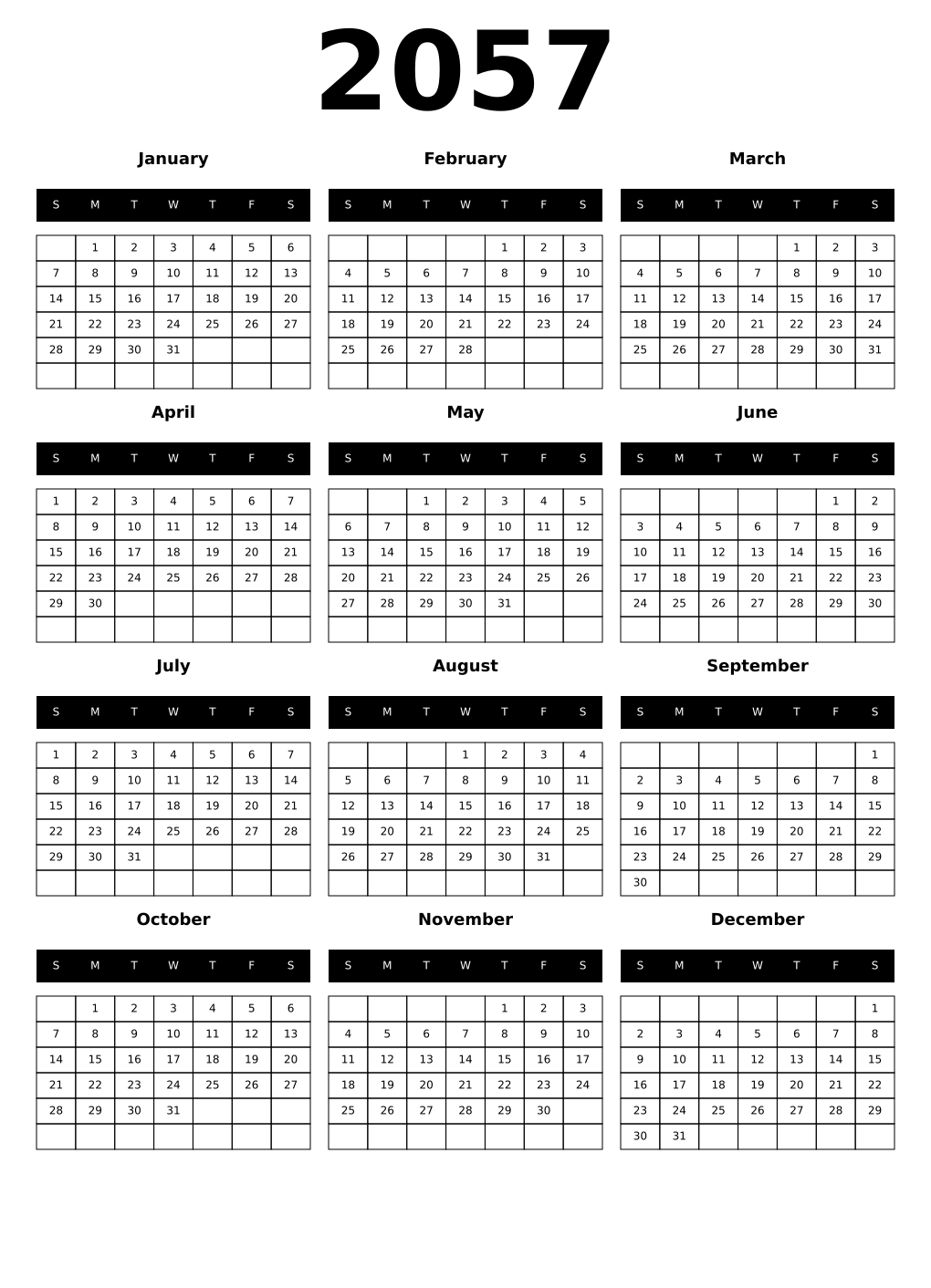 Printable 2057 Year Calendars black