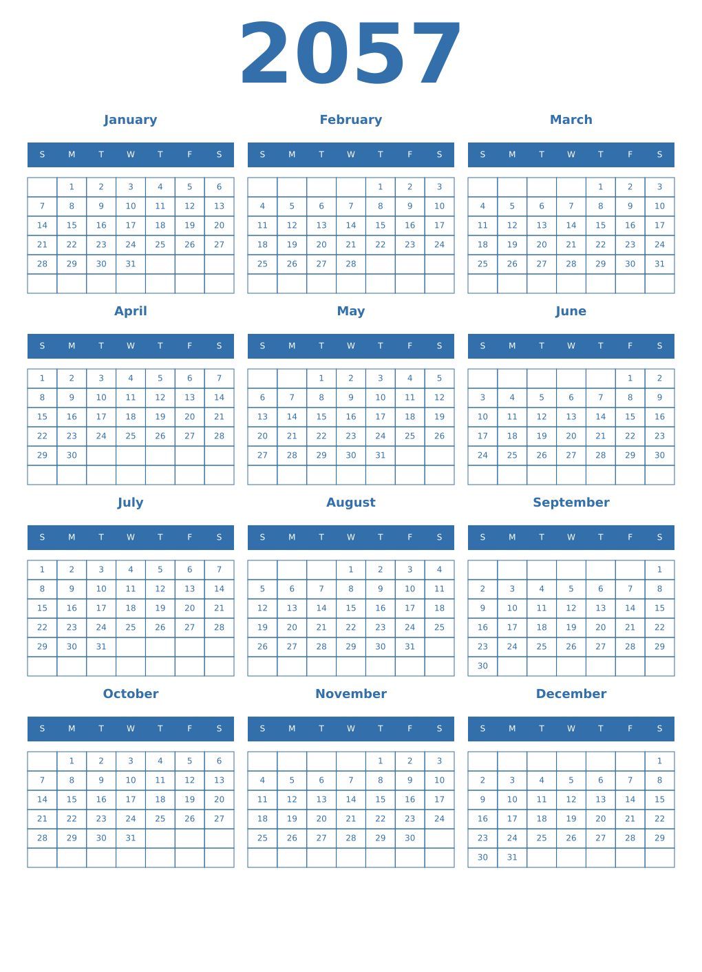 Printable 2057 Year Calendars blue