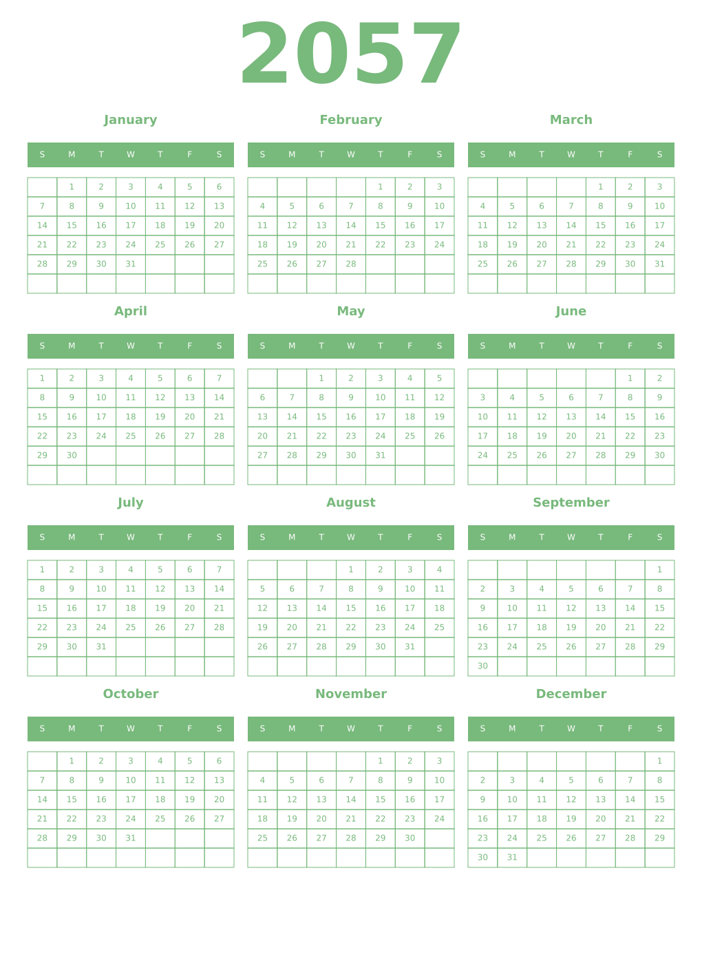 Printable 2057 Year Calendars celadon