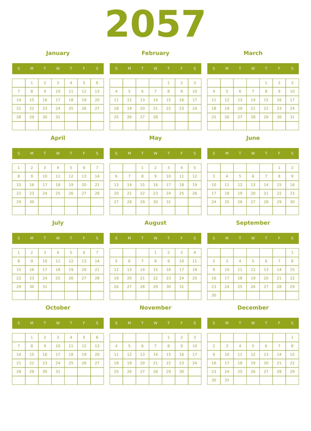 Printable 2057 Year Calendars chartreuse