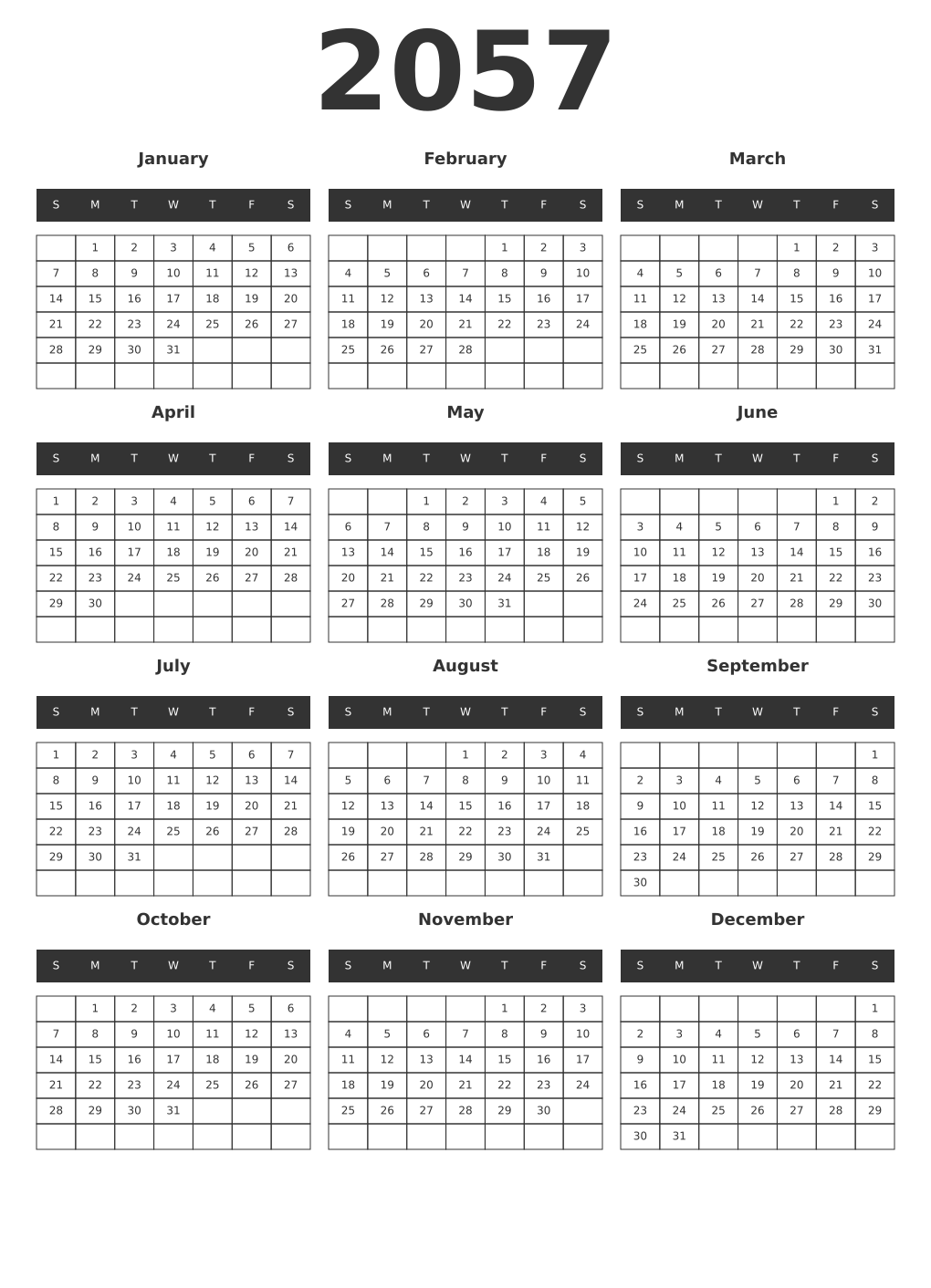 Printable 2057 Year Calendars dark