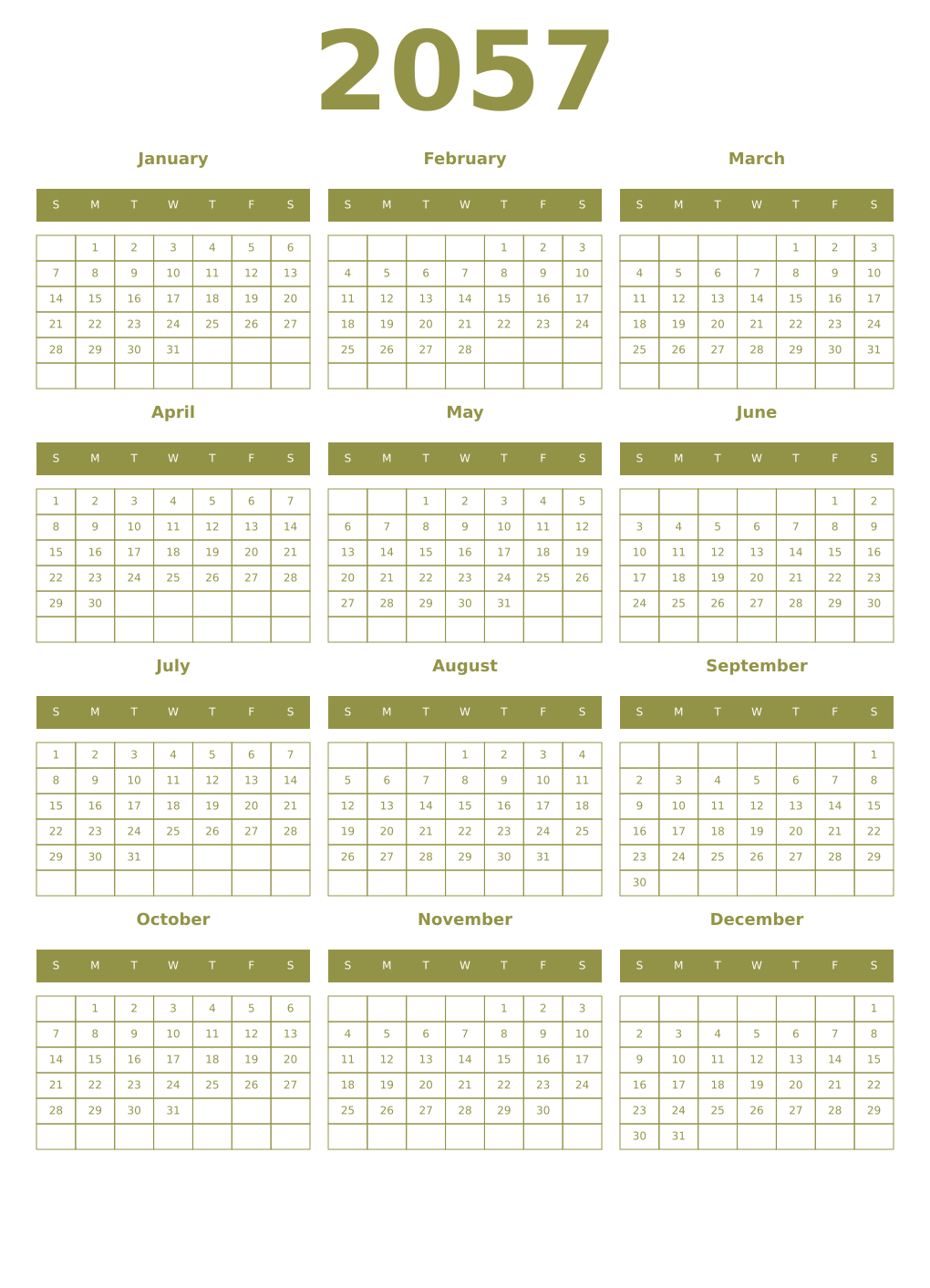 Printable 2057 Year Calendars eburnean