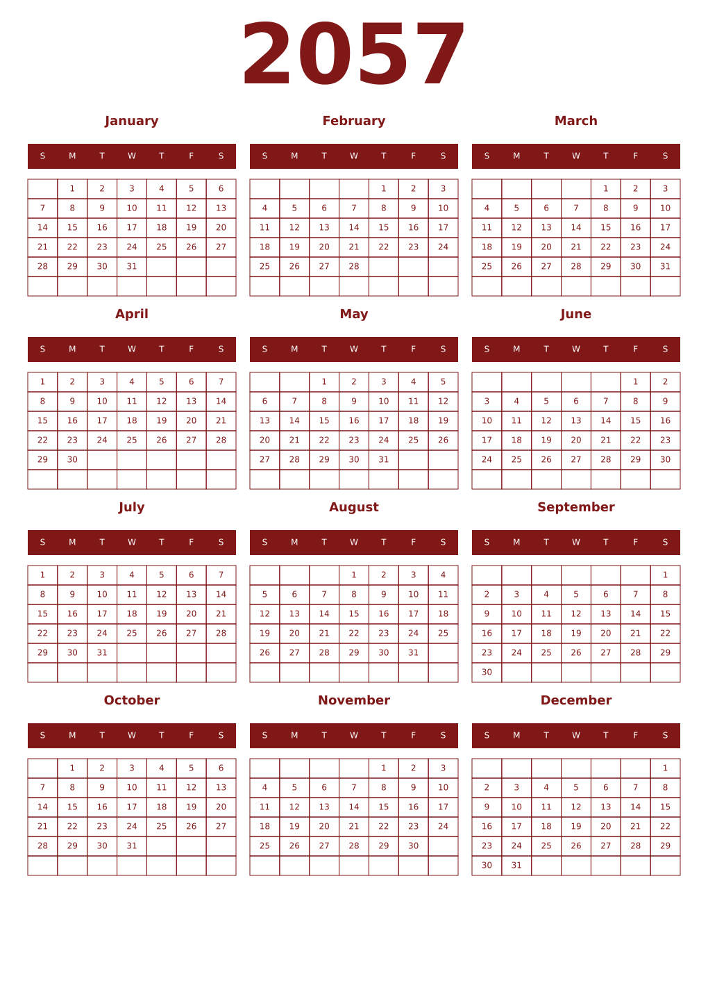 Printable 2057 Year Calendars falu