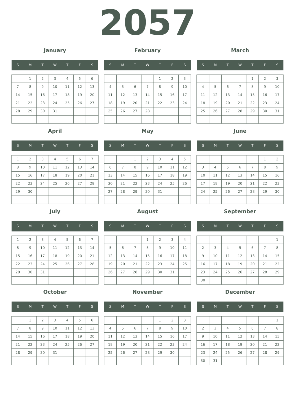Printable 2057 Year Calendars feldgrau