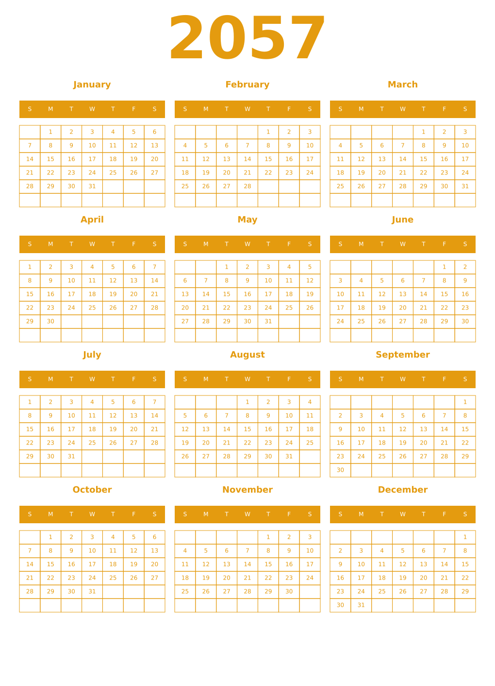 Printable 2057 Year Calendars gamboge