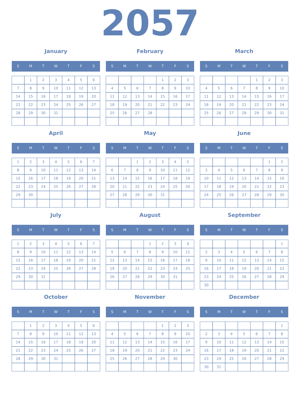 Printable 2057 Year Calendars glaucous