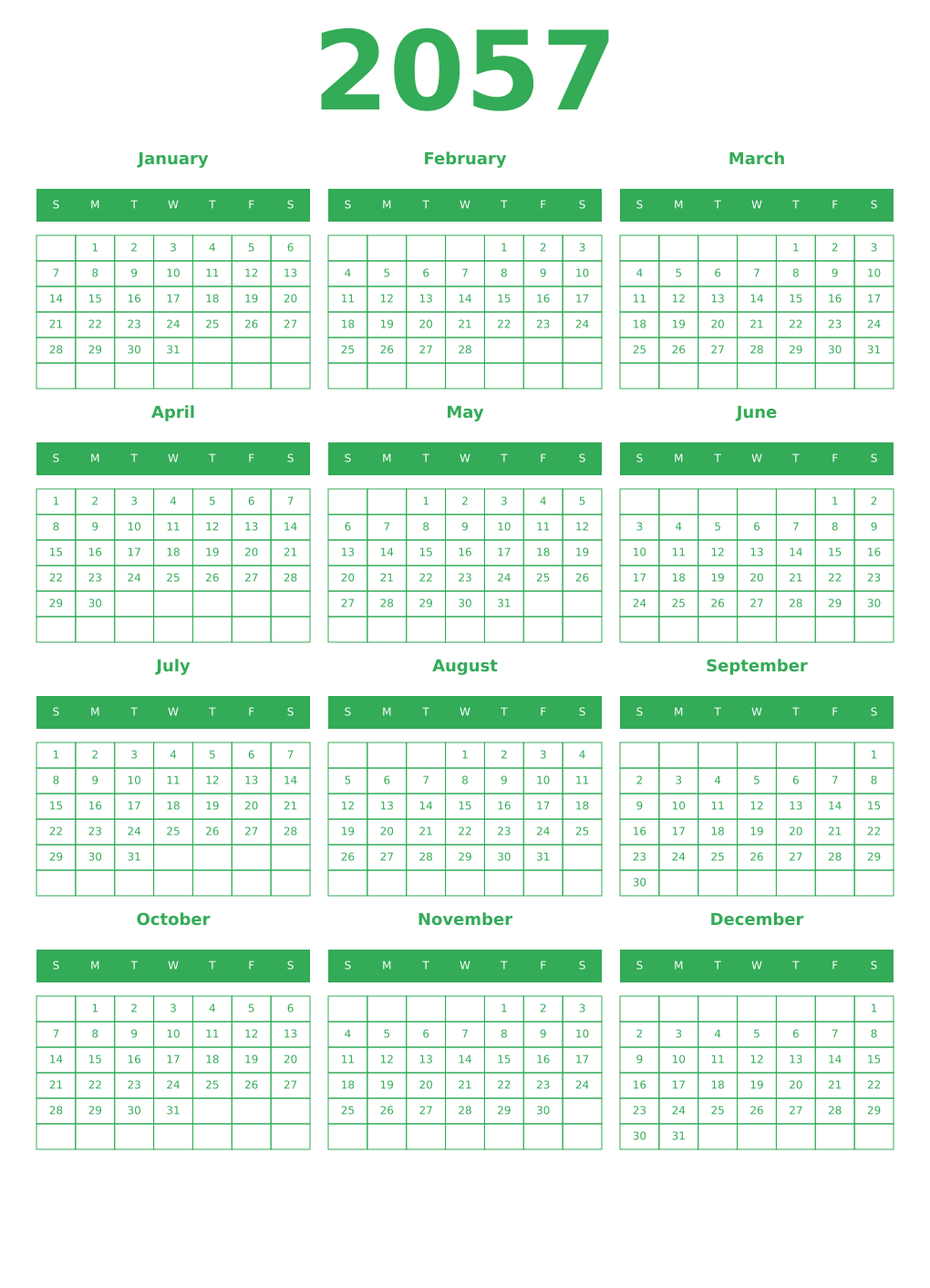Printable 2057 Year Calendars green
