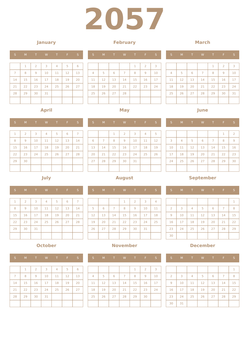 Printable 2057 Year Calendars isabelline
