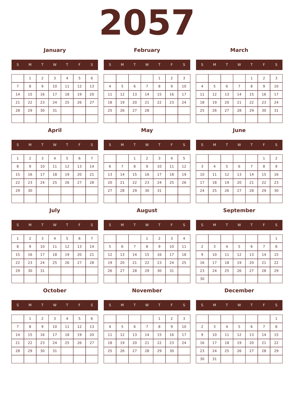 Printable 2057 Year Calendars mortuum